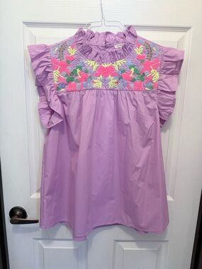JODIFL Lilac Blouse with Neon Floral Embroidery